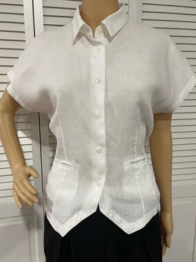 Women's White Short-Sleeve Button-Down Linen Shirt